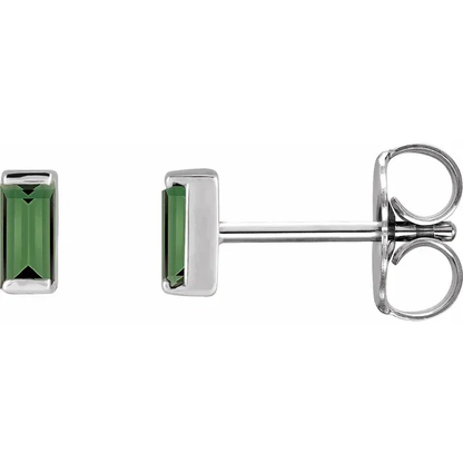 Natural green tourmaline baguette stud earrings in white metal, side view