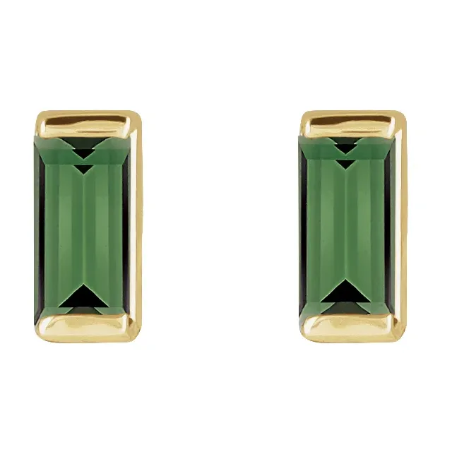 Natural green tourmaline baguette stud earrings in 14K yellow gold, front view