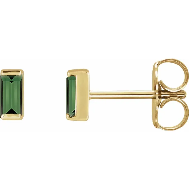 Natural green tourmaline baguette stud earrings in 14K yellow gold, side view