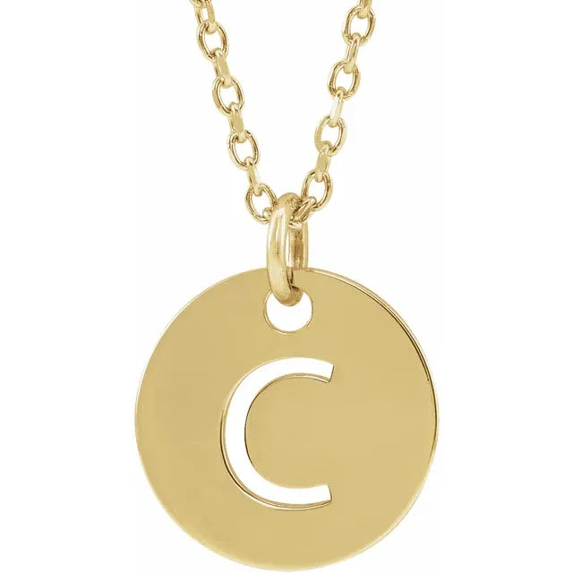 Initial disc necklace letter C in yellow gold-plated sterling silver