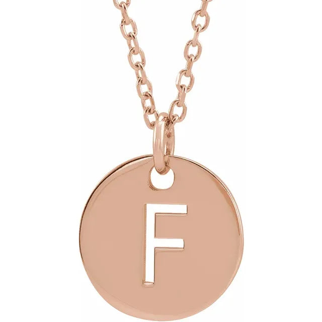 Initial disc necklace letter F in rose gold-plated sterling silver