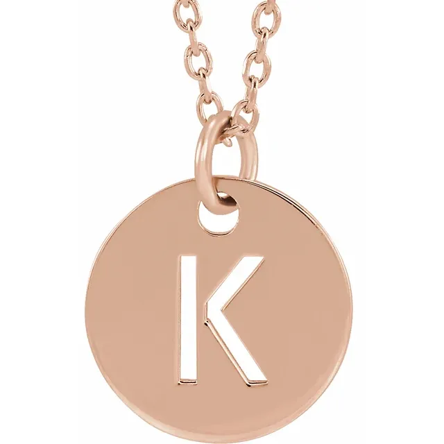 Initial disc necklace letter K in rose gold-plated sterling silver