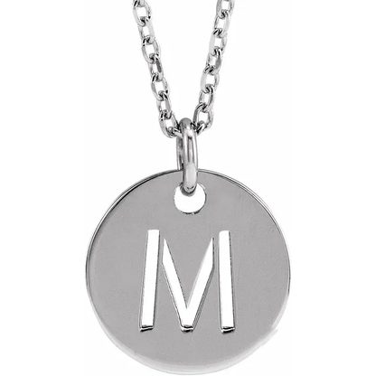 Initial disc necklace letter M in sterling silver