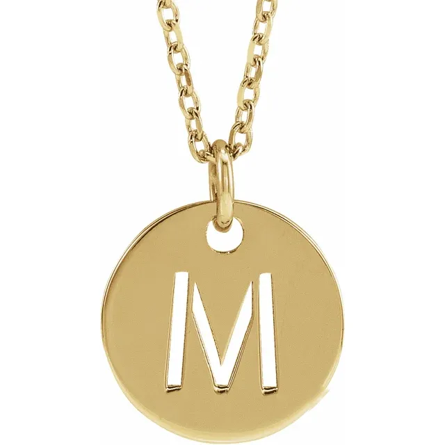 Initial disc necklace letter M in yellow gold-plated sterling silver