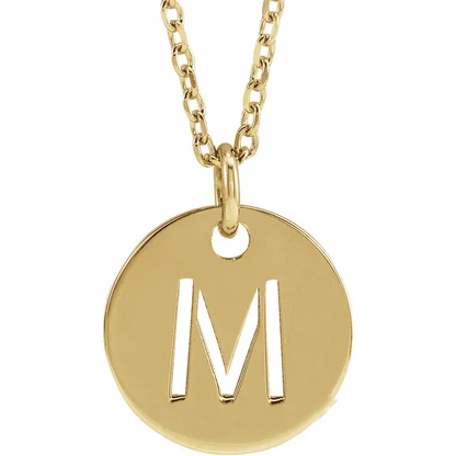 Initial disc necklace letter M in yellow gold-plated sterling silver