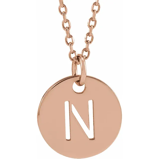 Initial disc necklace letter N in rose gold-plated sterling silver