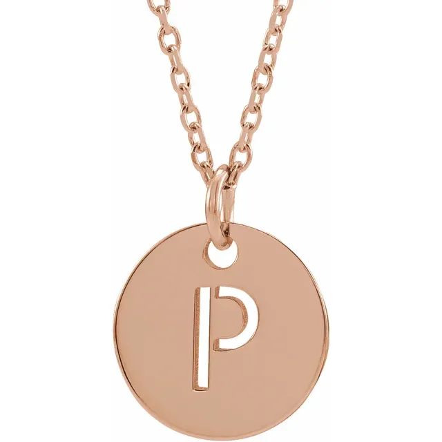 Initial disc necklace letter P in rose gold-plated sterling silver