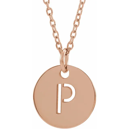 Initial disc necklace letter P in rose gold-plated sterling silver