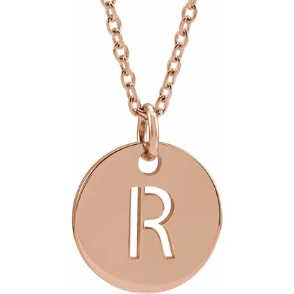 Initial disc necklace letter R in rose gold-plated sterling silver