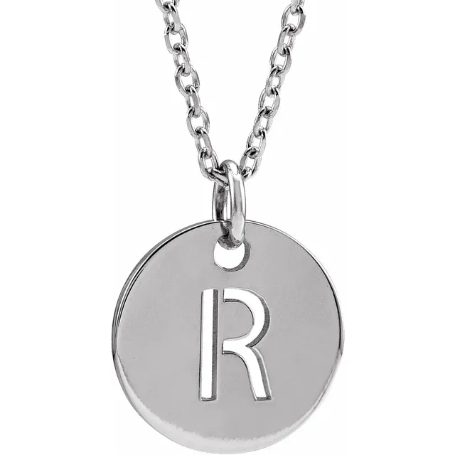 Initial disc necklace letter R in sterling silver
