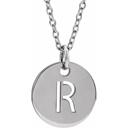 Initial disc necklace letter R in sterling silver