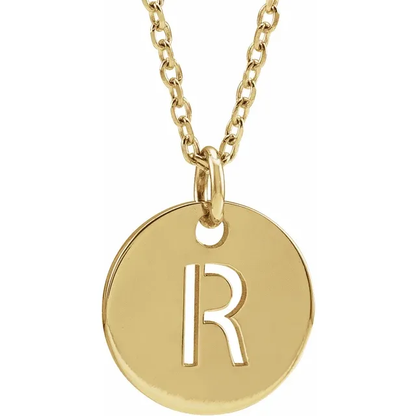 Initial disc necklace letter R in yellow gold-plated sterling silver