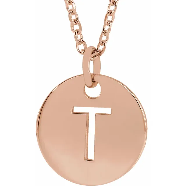Initial disc necklace letter T in rose gold-plated sterling silver