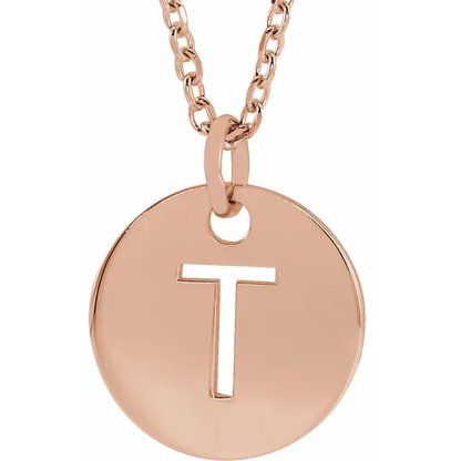 Initial disc necklace letter T in rose gold-plated sterling silver