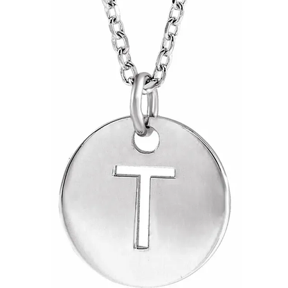 Initial disc necklace letter T in sterling silver
