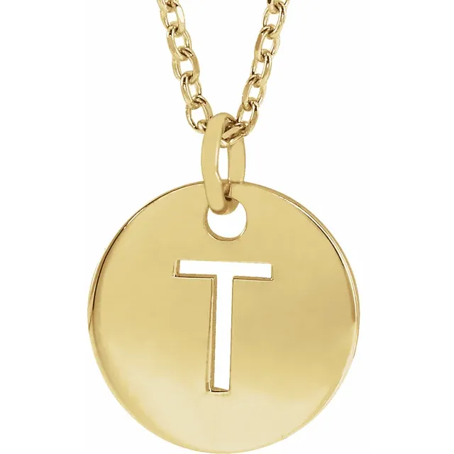 Initial disc necklace letter T in yellow gold-plated sterling silver