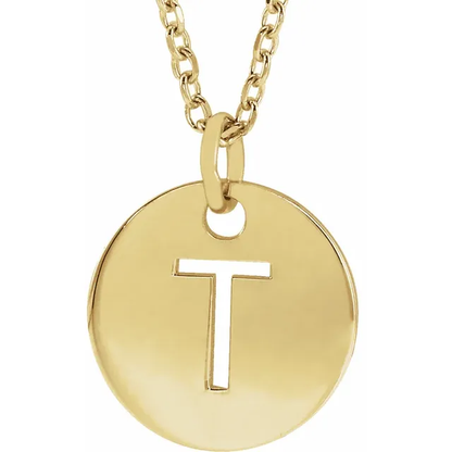 Initial disc necklace letter T in yellow gold-plated sterling silver