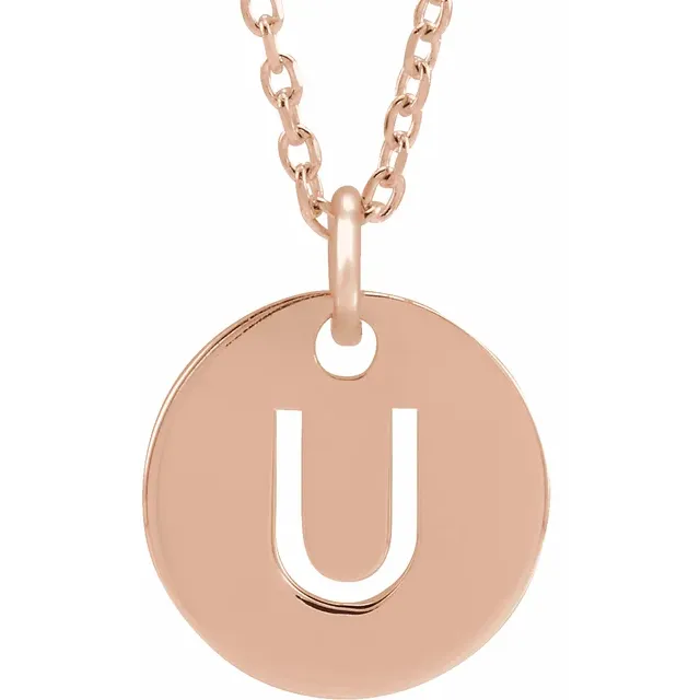 Initial disc necklace letter U in rose gold-plated sterling silver