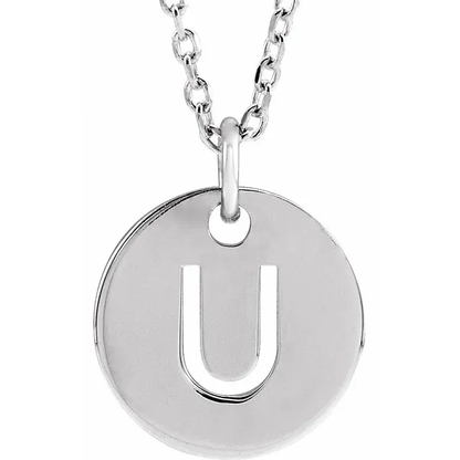 Initial disc necklace letter U in sterling silver