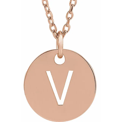 Initial disc necklace letter V in rose gold-plated sterling silver