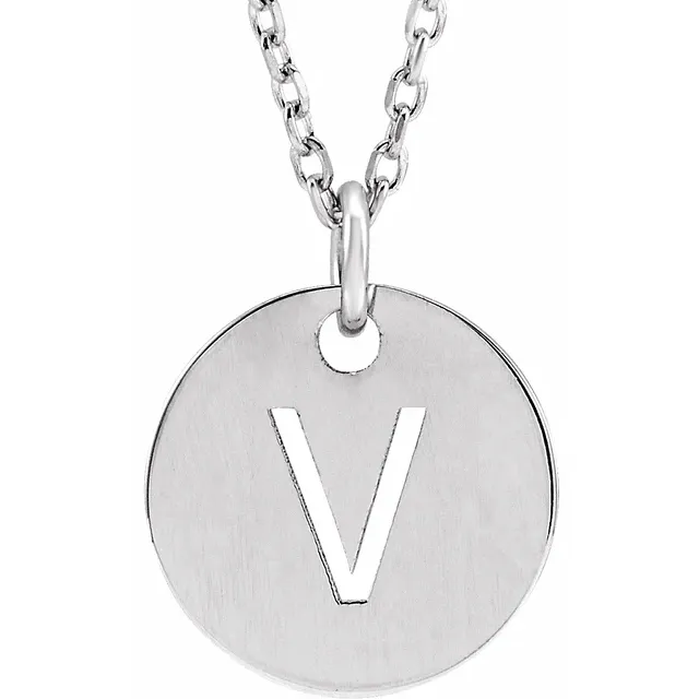 Initial disc necklace letter V in sterling silver