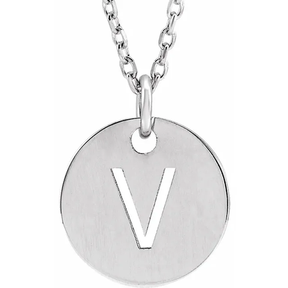 Initial disc necklace letter V in sterling silver