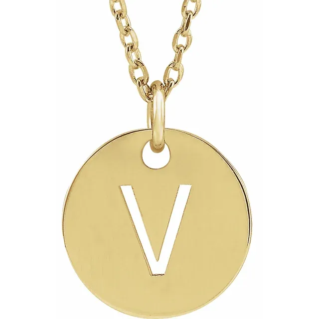 Initial disc necklace letter V in yellow gold-plated sterling silver