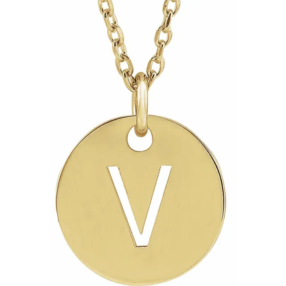 Initial disc necklace letter V in yellow gold-plated sterling silver