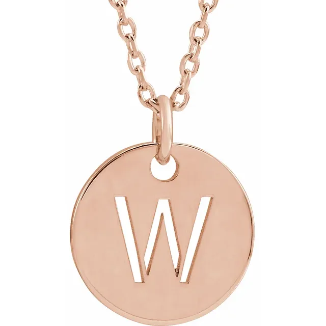 Initial disc necklace letter W in rose gold-plated sterling silver