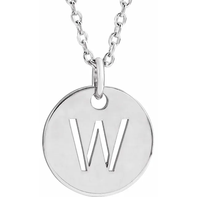 Initial disc necklace letter W in sterling silver