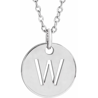 Initial disc necklace letter W in sterling silver