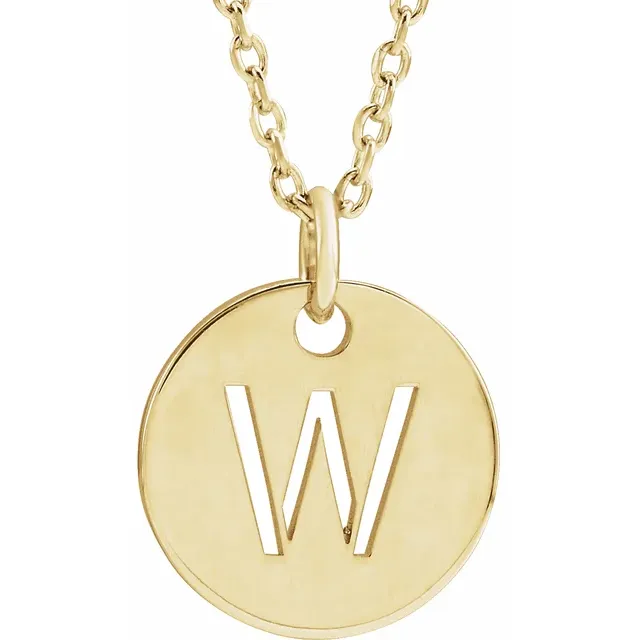 Initial disc necklace letter W in yellow gold-plated sterling silver
