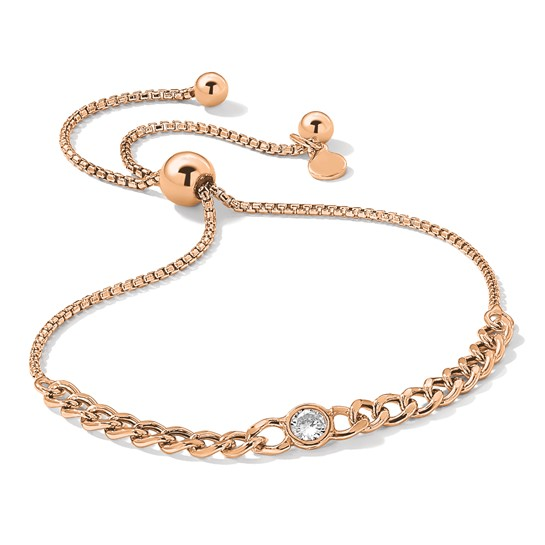 Detail view of Italian CZ curb-link bolo bracelet in rose-tone plated sterling silver