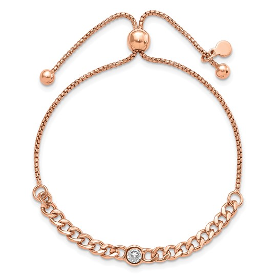 Front view of Italian CZ curb-link bolo bracelet in rose-tone plated sterling silver