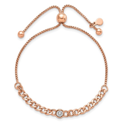 Front view of Italian CZ curb-link bolo bracelet in rose-tone plated sterling silver