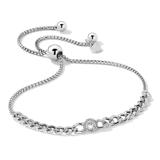 Detail view of Italian CZ curb-link bolo bracelet in rhodium-plated sterling silver
