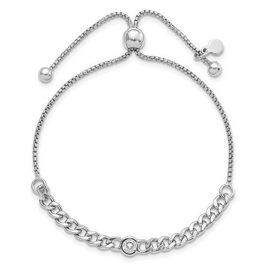 Front view of Italian CZ curb-link bolo bracelet in rhodium-plated sterling silver