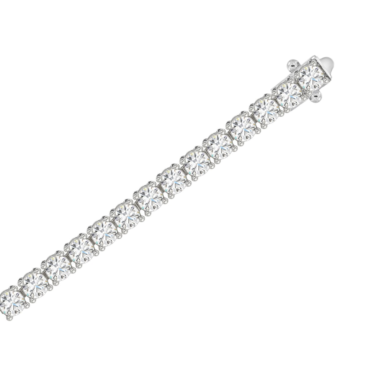 Close-up of 3 CTW white gold lab-grown diamond tennis bracelet showing basket four-prong setting