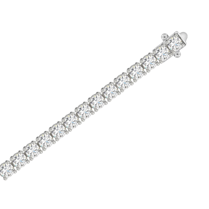 Close-up of 3 CTW white gold lab-grown diamond tennis bracelet showing basket four-prong setting