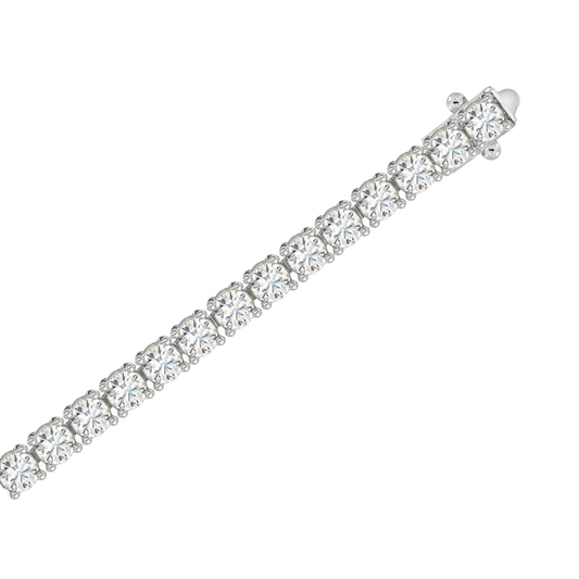 Close-up of 3 CTW white gold lab-grown diamond tennis bracelet showing basket four-prong setting