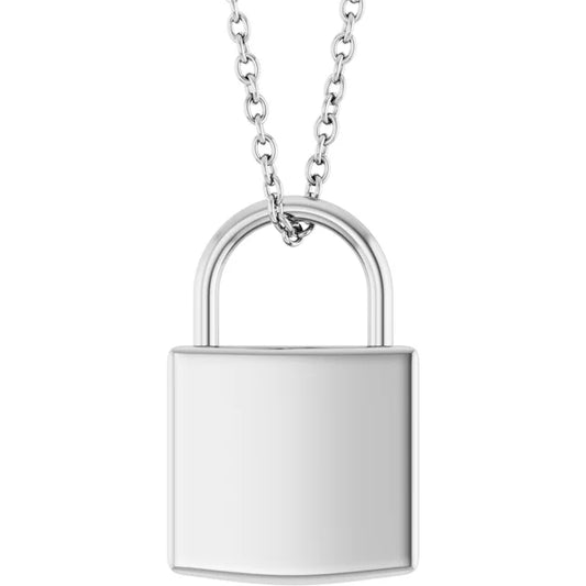 Sterling silver lock pendant necklace front view