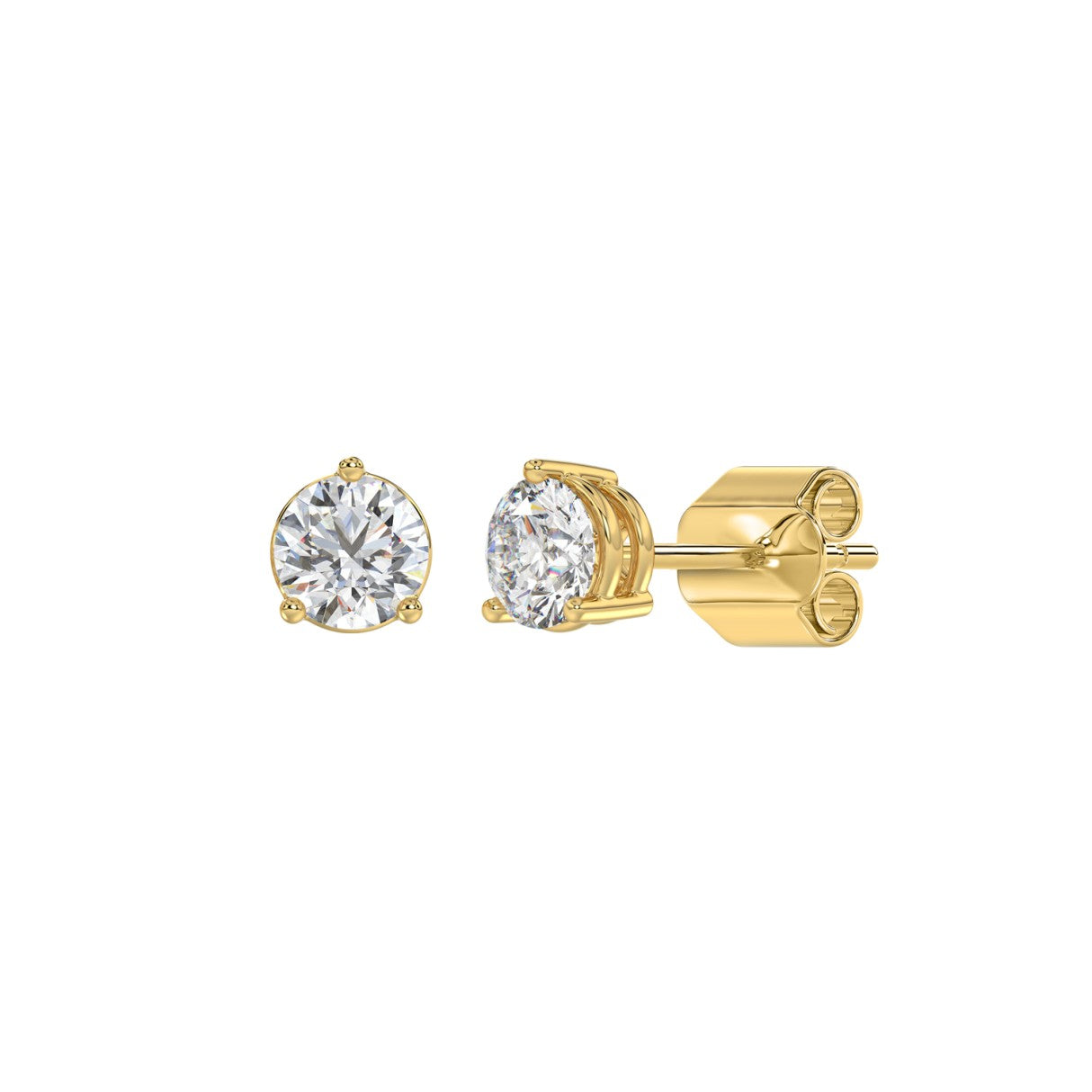 1 CTW round lab-grown diamond stud earrings in yellow gold full product view