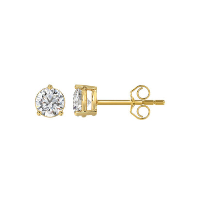 1 CTW round lab-grown diamond stud earrings in yellow gold side profile and setting view