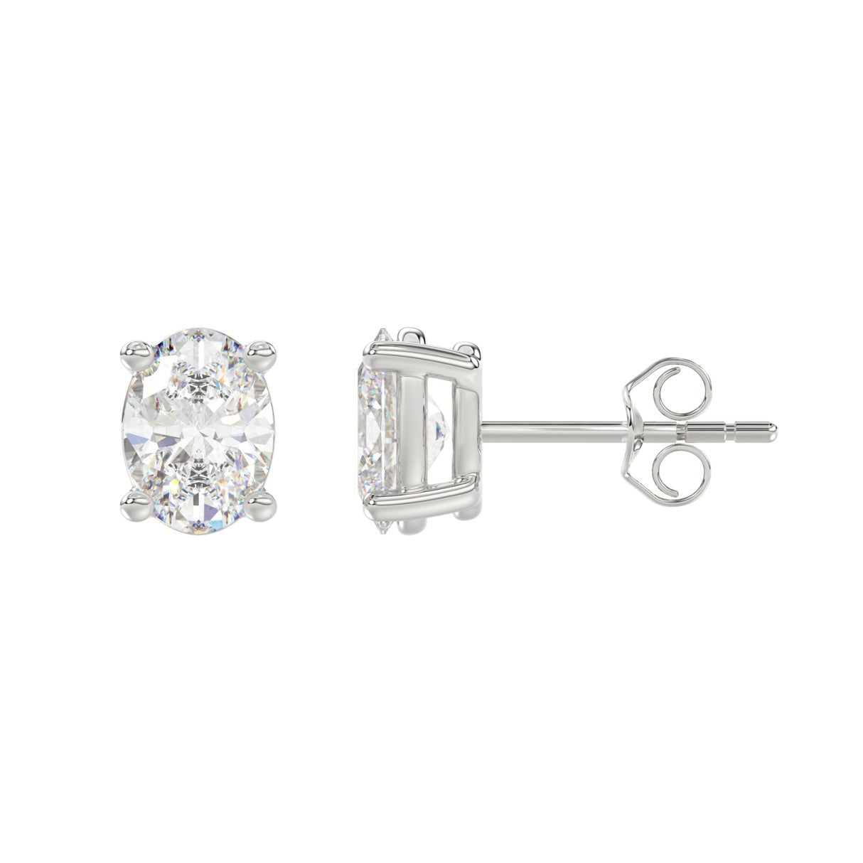 2.5 CTW Oval Lab-Grown Diamond Stud Earrings in white gold - front and side profile view