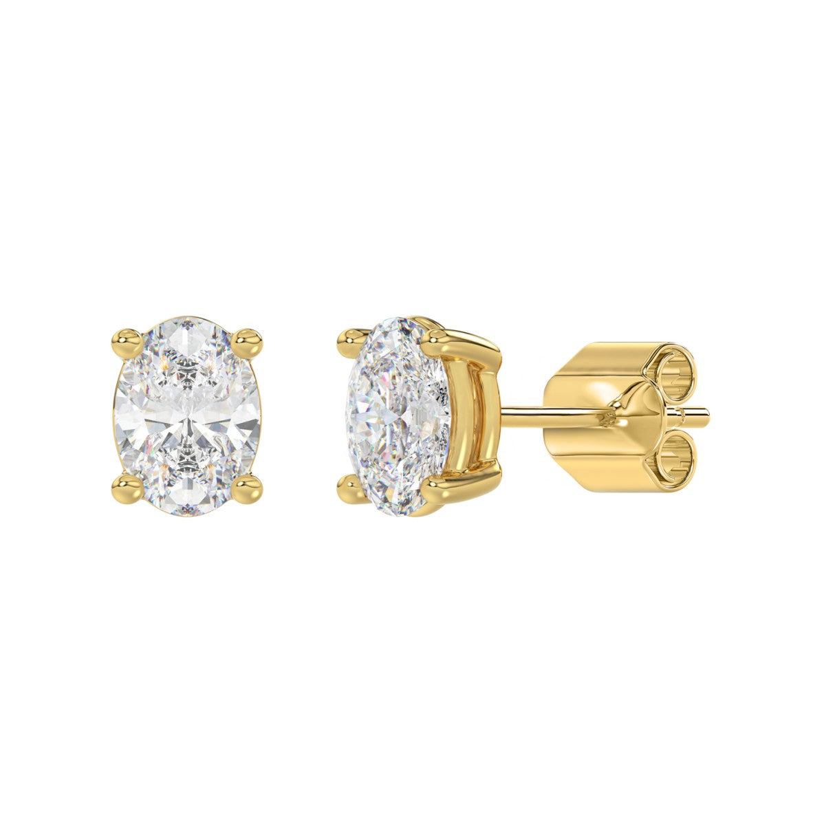 2.5 CTW Oval Lab-Grown Diamond Stud Earrings in yellow gold - front and angled view