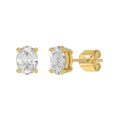 2.5 CTW Oval Lab-Grown Diamond Stud Earrings in yellow gold - front and angled view