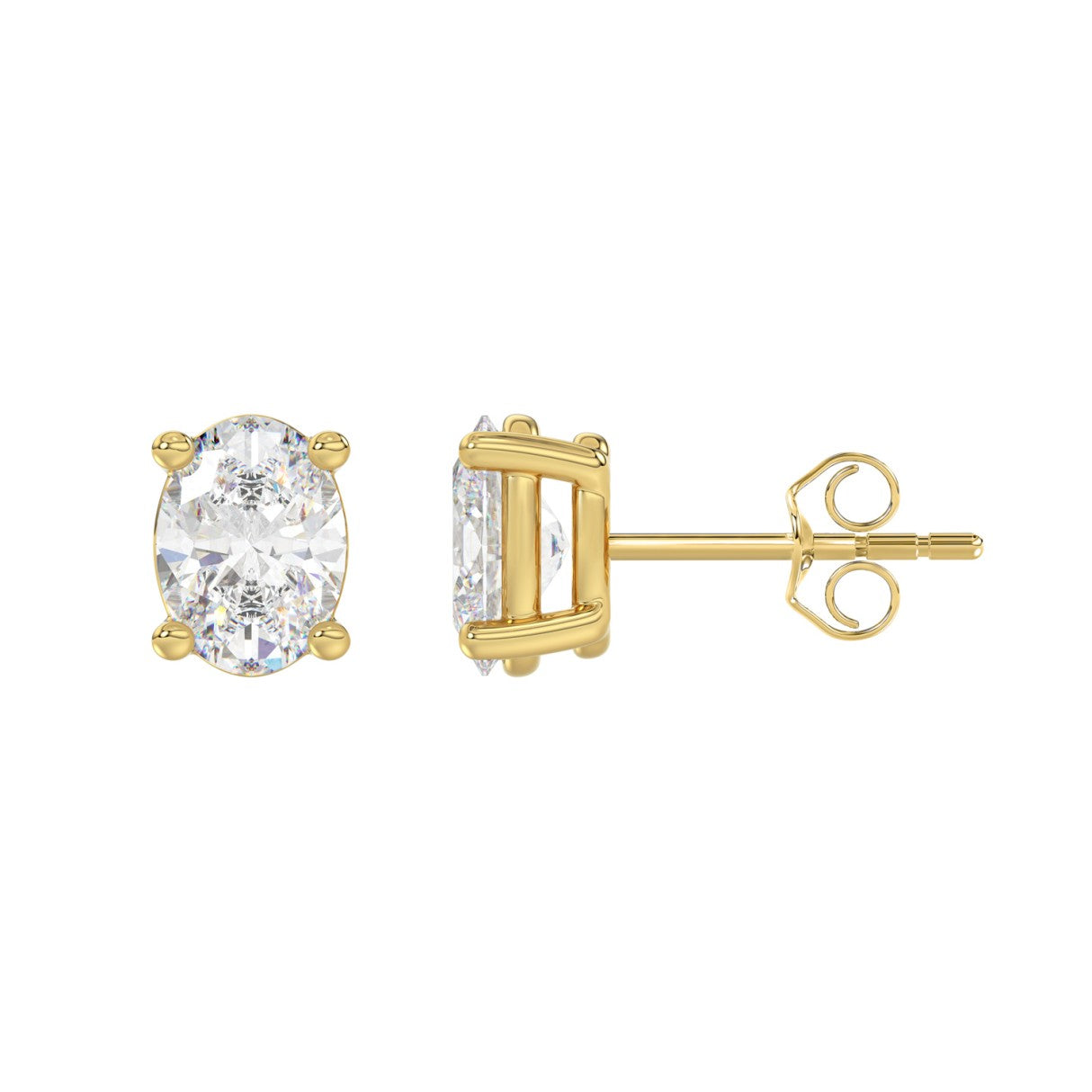 2.5 CTW Oval Lab-Grown Diamond Stud Earrings in yellow gold - front and side profile view