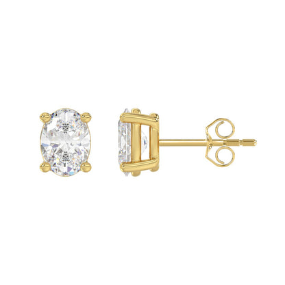 2.5 CTW Oval Lab-Grown Diamond Stud Earrings in yellow gold - front and side profile view