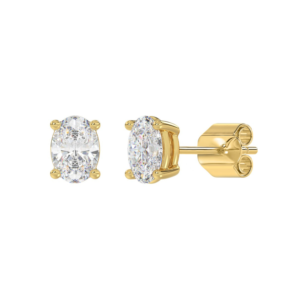 2 CTW Oval Lab-Grown Diamond Stud Earrings in yellow gold - front and angled view