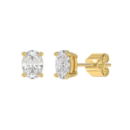 2 CTW Oval Lab-Grown Diamond Stud Earrings in yellow gold - front and angled view